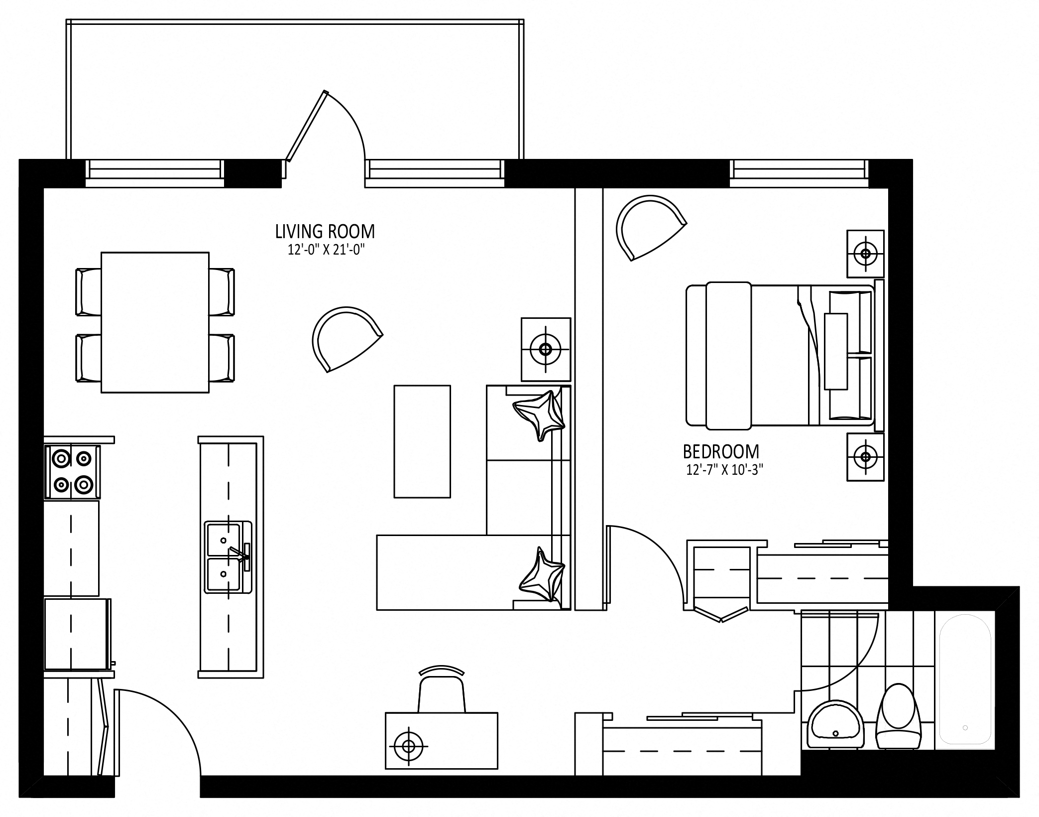 Floor plan for 1 bed, 1 bath, 735 sqft